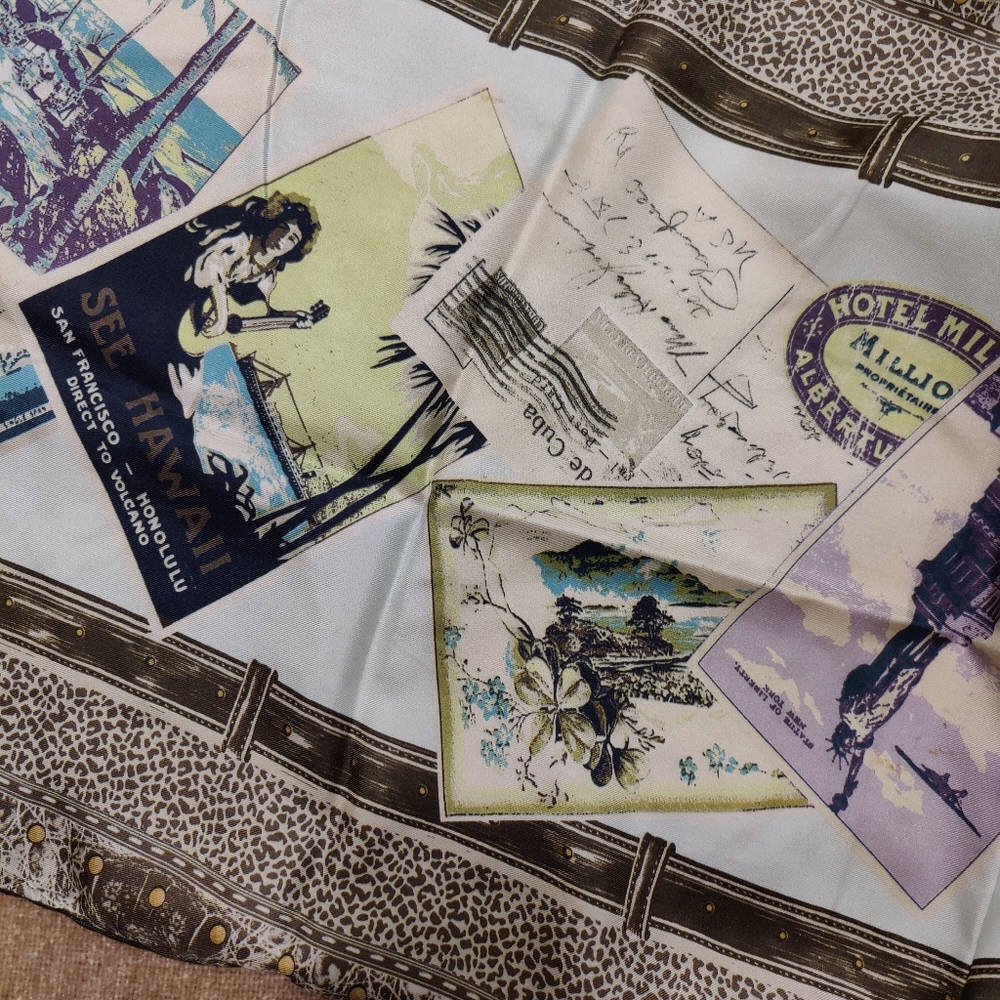 Vintage Talbot's Travel Postcards Luggage Themed Print Silk Scarf, 17" X 66" - Picture 3 of 8